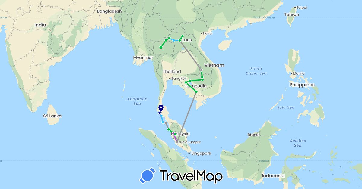 TravelMap itinerary: driving, bus, plane, train, boat in Cambodia, Laos, Malaysia, Thailand (Asia)